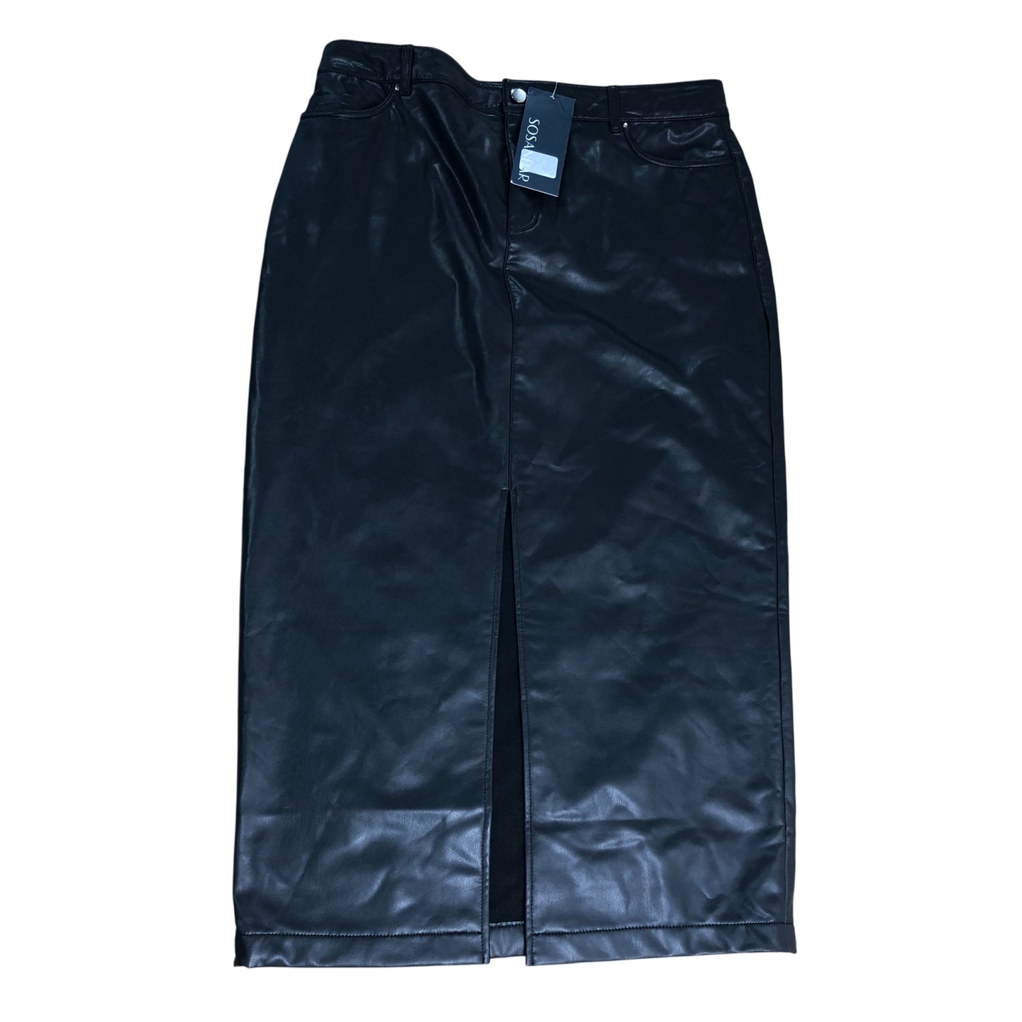 Sosandar Leather Look Midi Skirt Size 14 Women's Black with Slit Detail