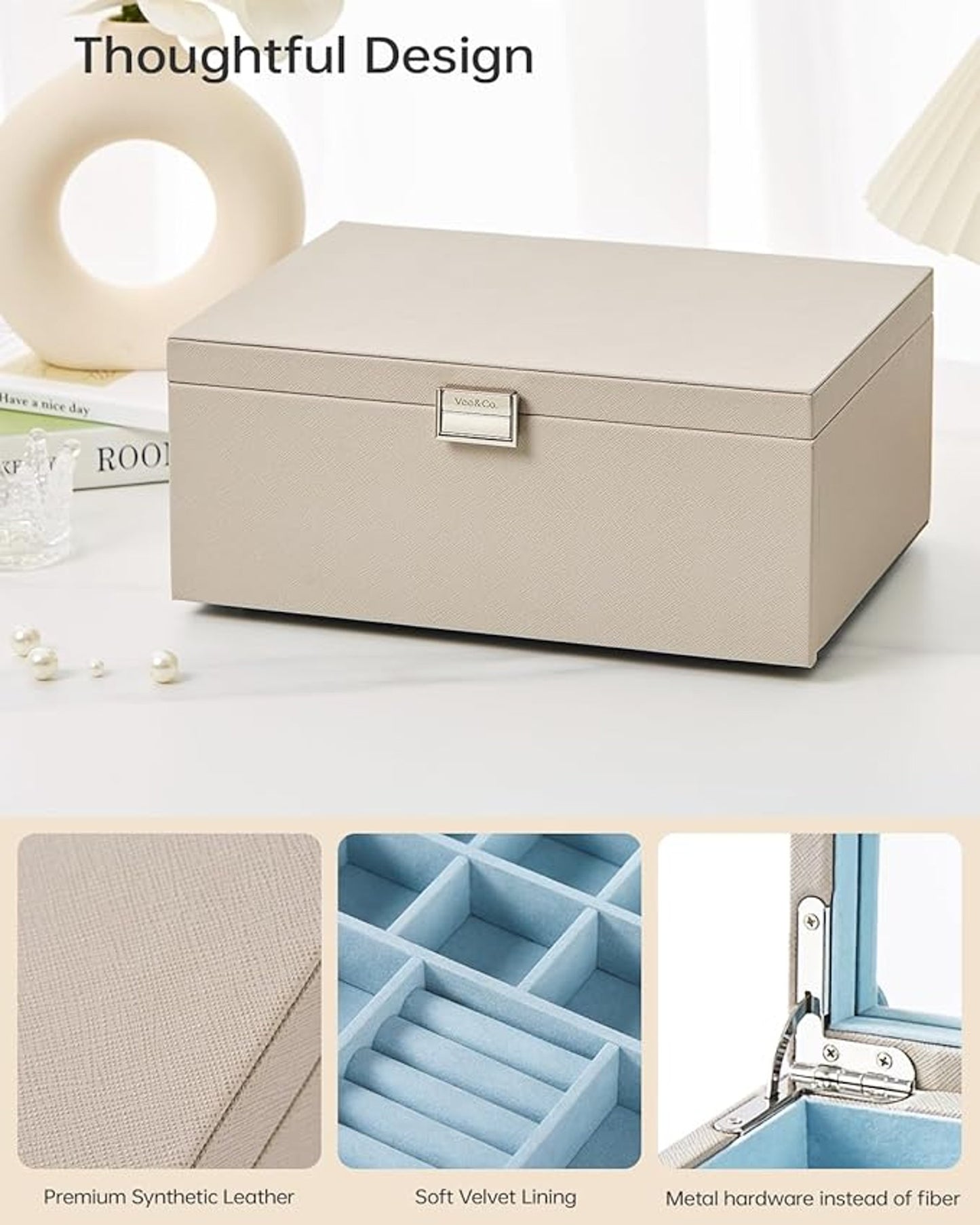 Vee&Co Jewellery Organiser Grey And Blue 2 Layers With Mirror