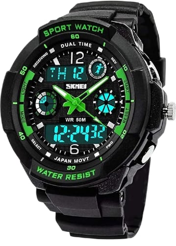 Sport Watch Dual Time WR 50M Water Resistant Features Green Black