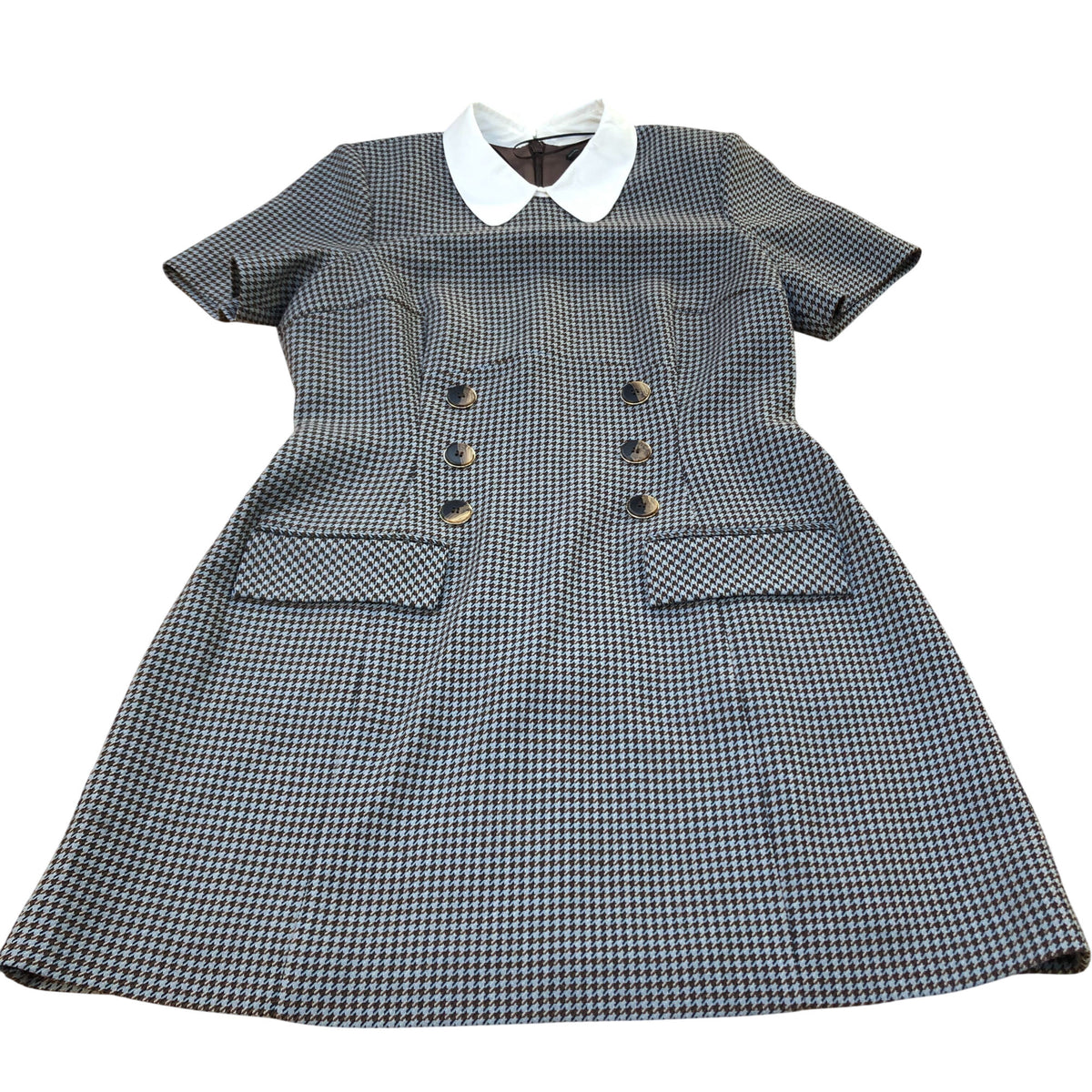 River Island Houndstooth Dress UK12 Women's Button Detail Short Sleeve Collared