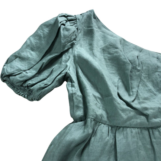 One Shoulder Dress UK16 Women's Green Linen Blend Short Sleeve