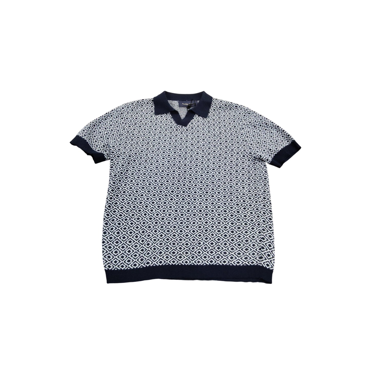 River Island Men's Large V Neck Polo Shirt Navy White Diamond Pattern