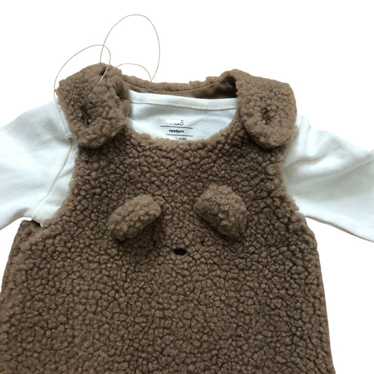 Newborn Baby Playsuit 2 Part Set Brown Fleece Bodysuit with White Sleeves