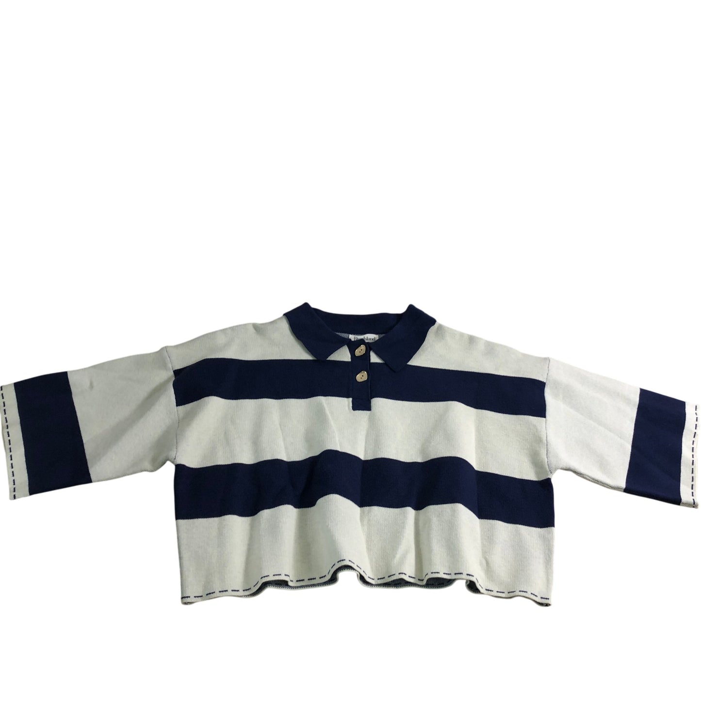 River Island Cropped Polo Top Women's Large Blue Stripe Casual Fashion