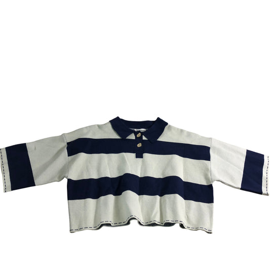 River Island Cropped Polo Top Women's Large Blue Stripe Casual Fashion