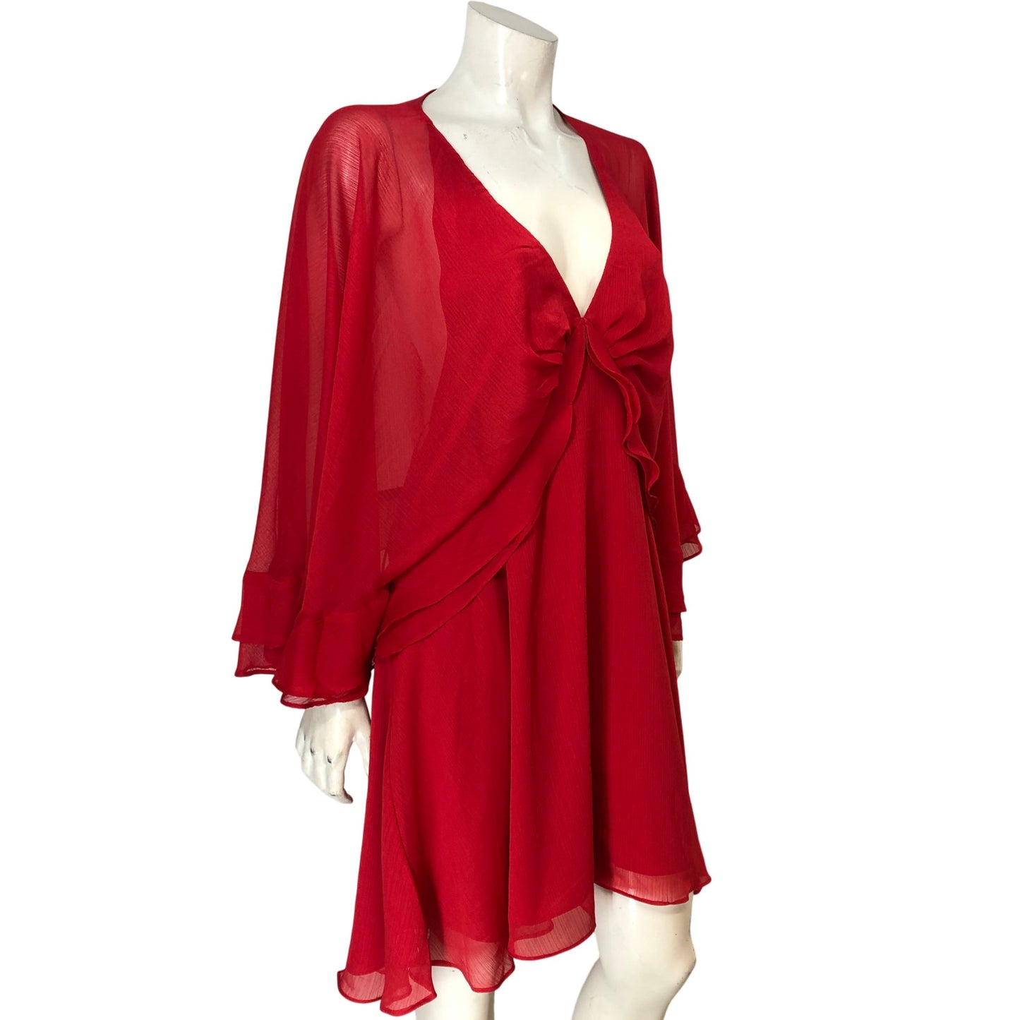 River Island Women's Red Chiffon Dress UK18 Flowy Wrap Style V Neck