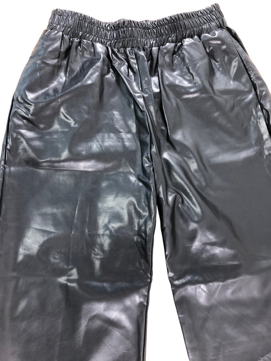BLACK Faux Leather Trousers Women Elastic Waist Wide Leg Size Large