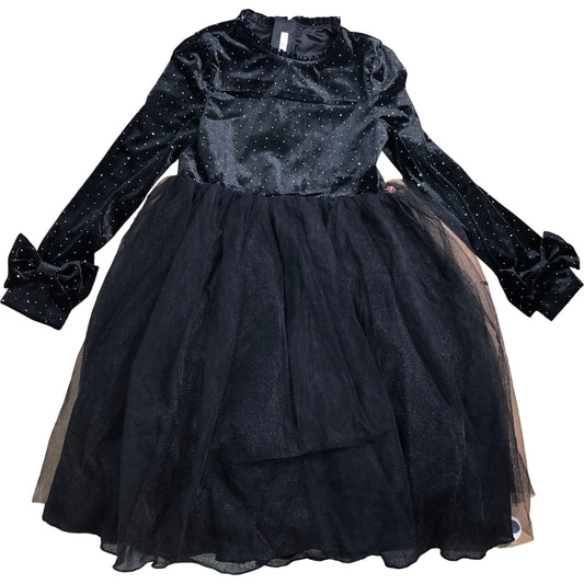 Branded Black Dress UK9 Girls Velvet Tulle Bow Long Sleeve Party