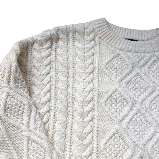 Cream Knitted Wool Blend Jumper Striped Sleeve Detail Casual Sweater Size M