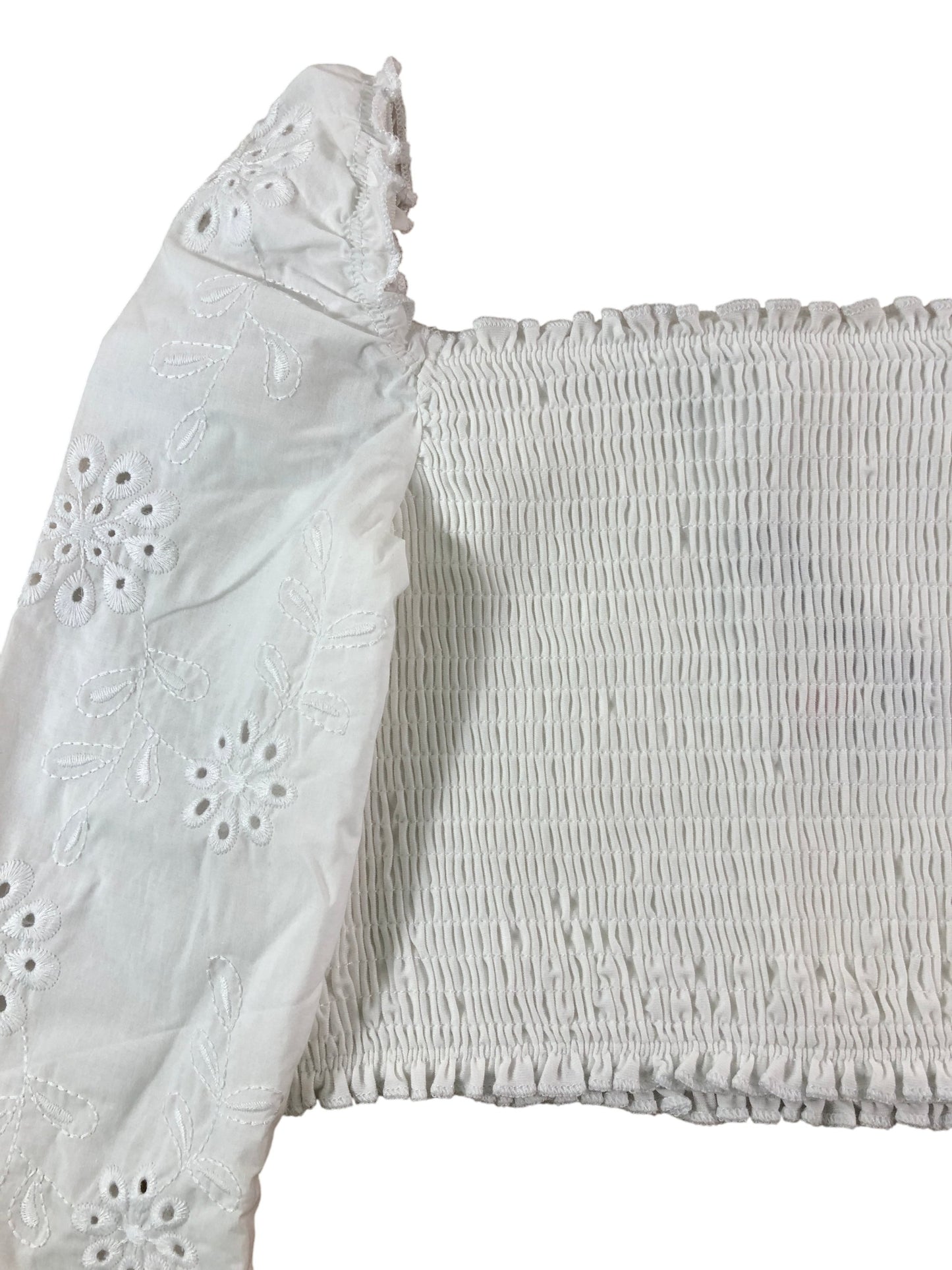 RIVER ISLAND Girls White Smocked Top UK7-8 Years Floral Embroidery Long Sleeve