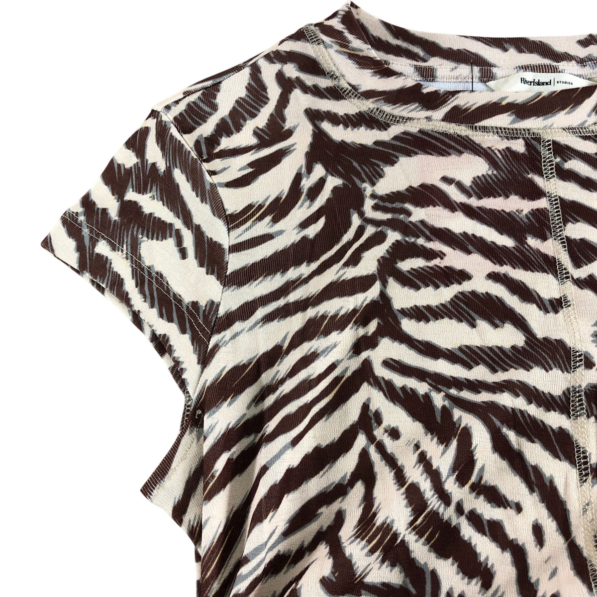 River Island Women's Animal Print Tunic Top UK Small Brown Short Sleeve