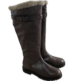 Brown Leather Knee High Boots With Faux Fur Trim