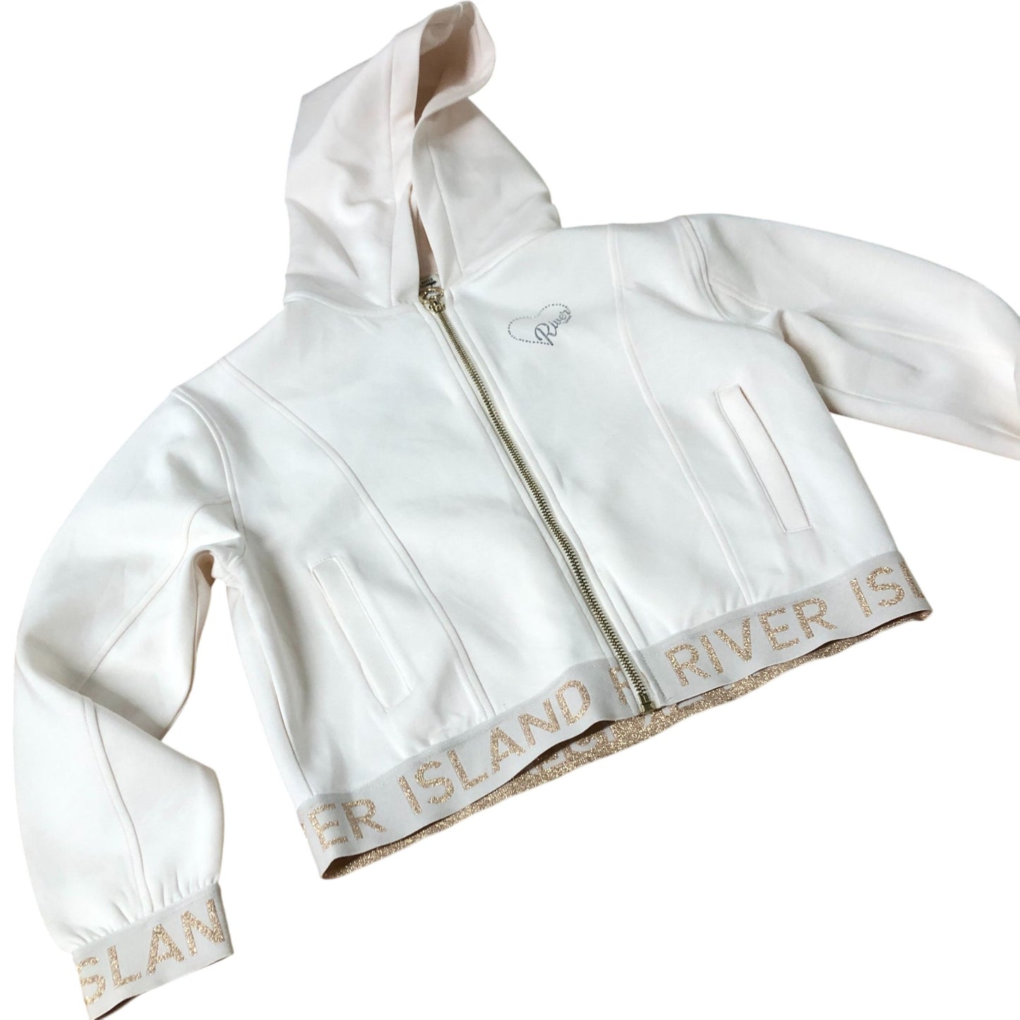 River Island Girls White Zip Hoodie Casual Cropped Stylish Design 9-10 Years