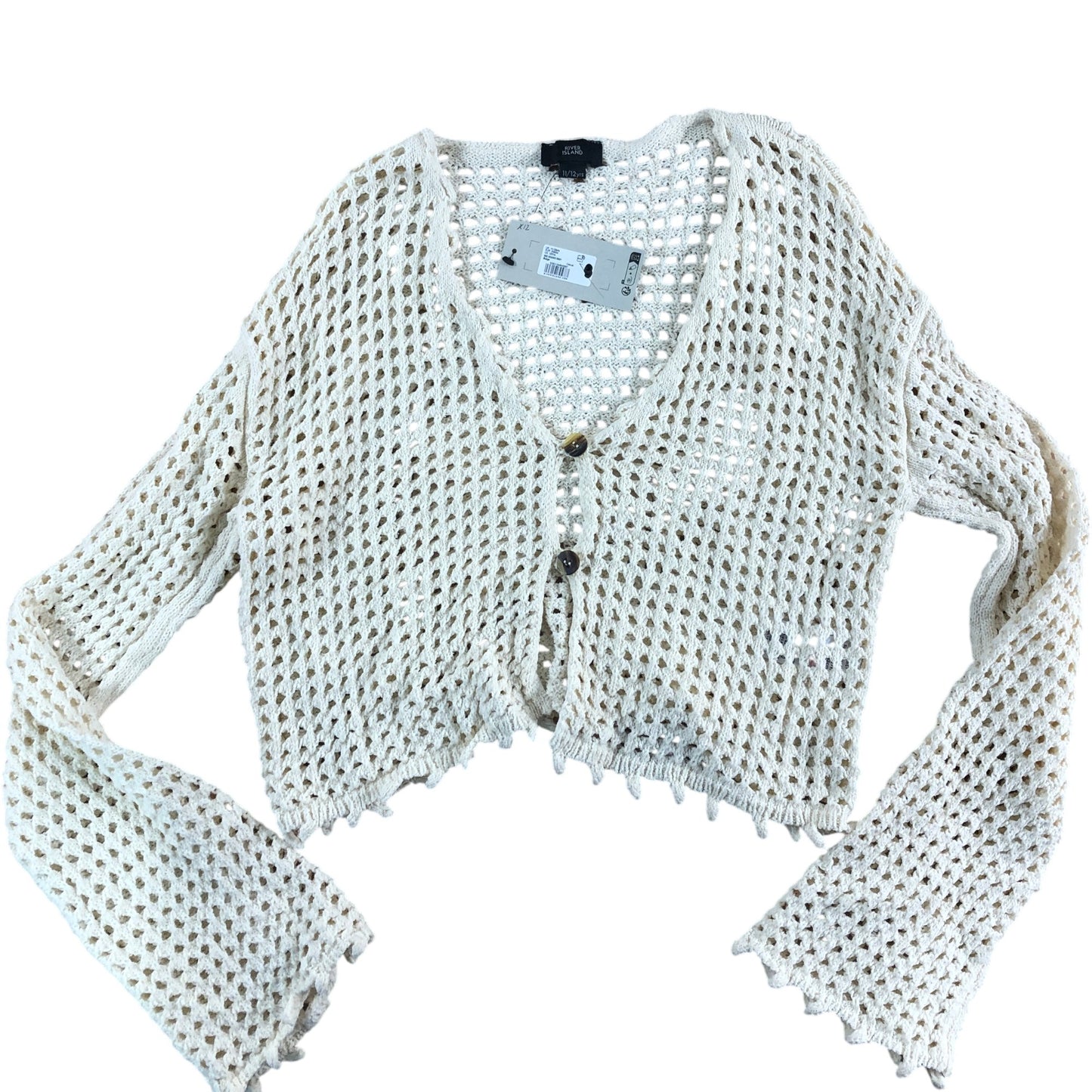 River Island Cropped Cardigan UK11-12 Girls Beige Knitted Open Stitch Style