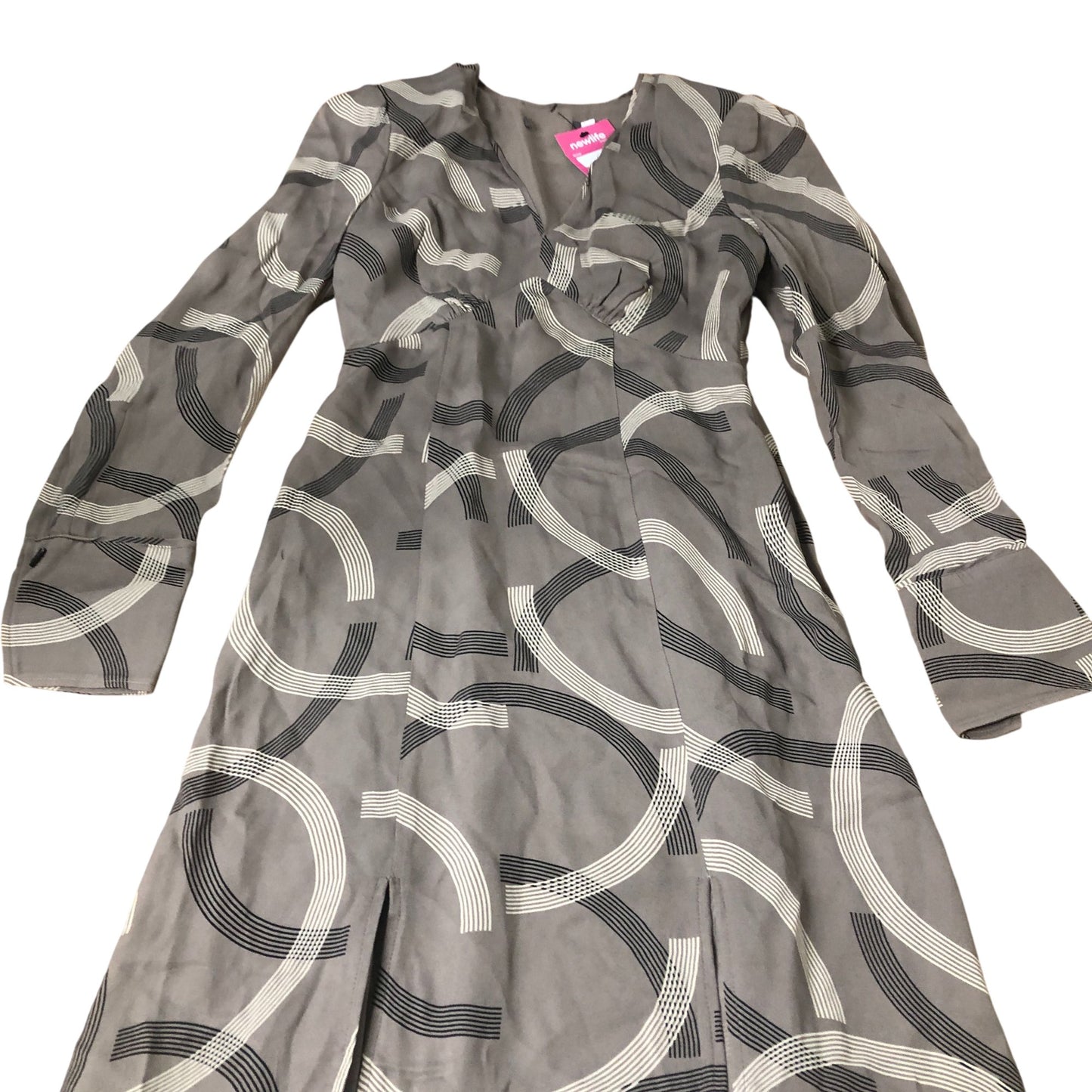 Dress Women's Grey Long Sleeve Patterned Maxi V Neck UK6