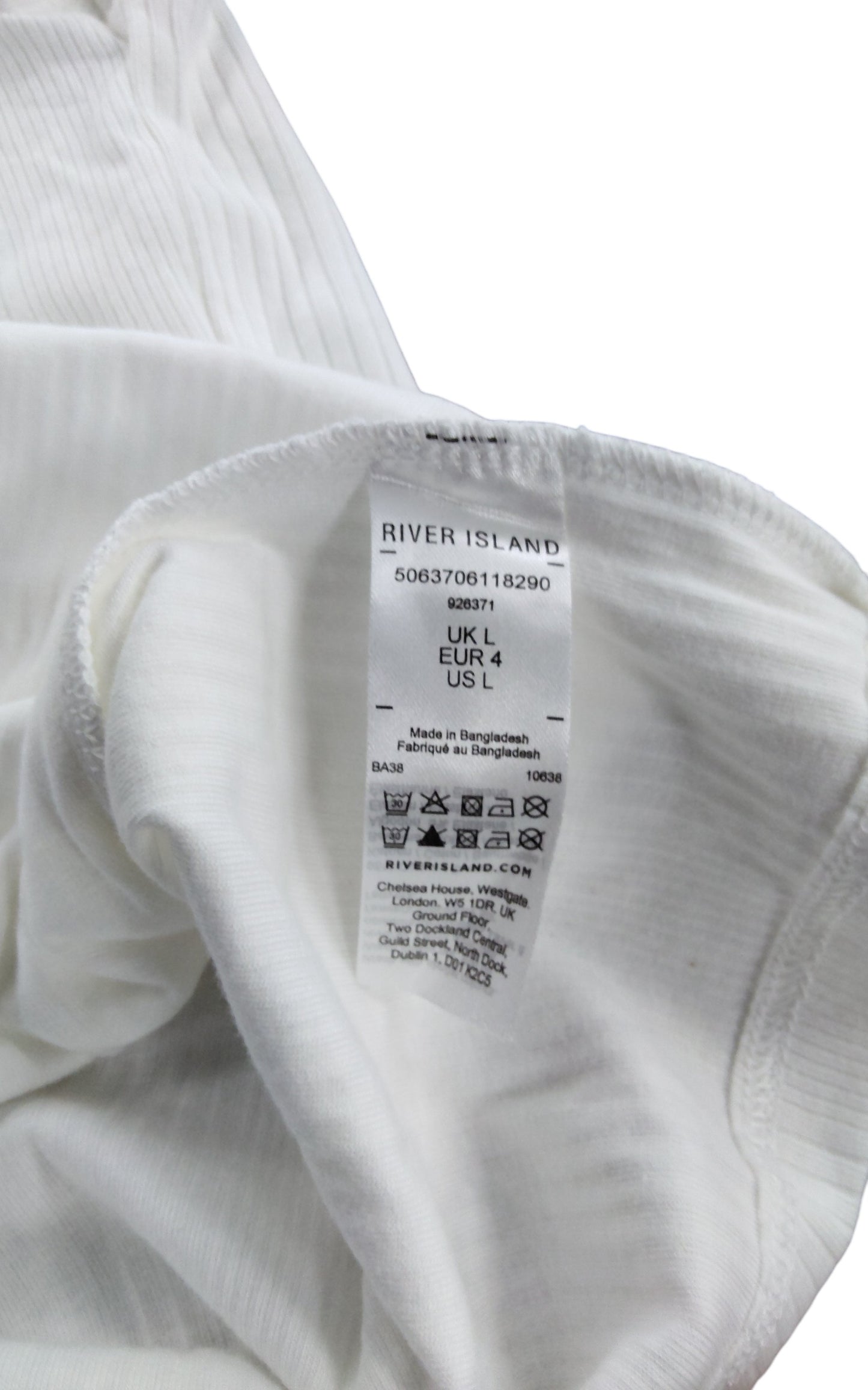 River Island White Ribbed T-Shirt UK 16 Women's Short Sleeve Scoop Neck