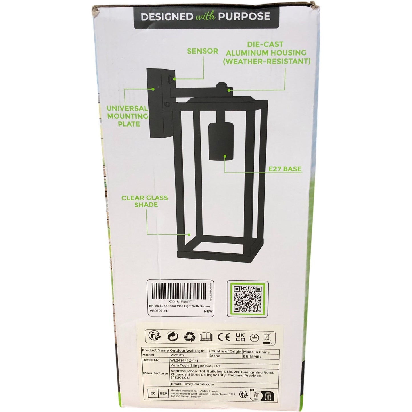 Brimmel Outdoor Wall Light VR0102 E27 Base Weather Resistant Sensors New