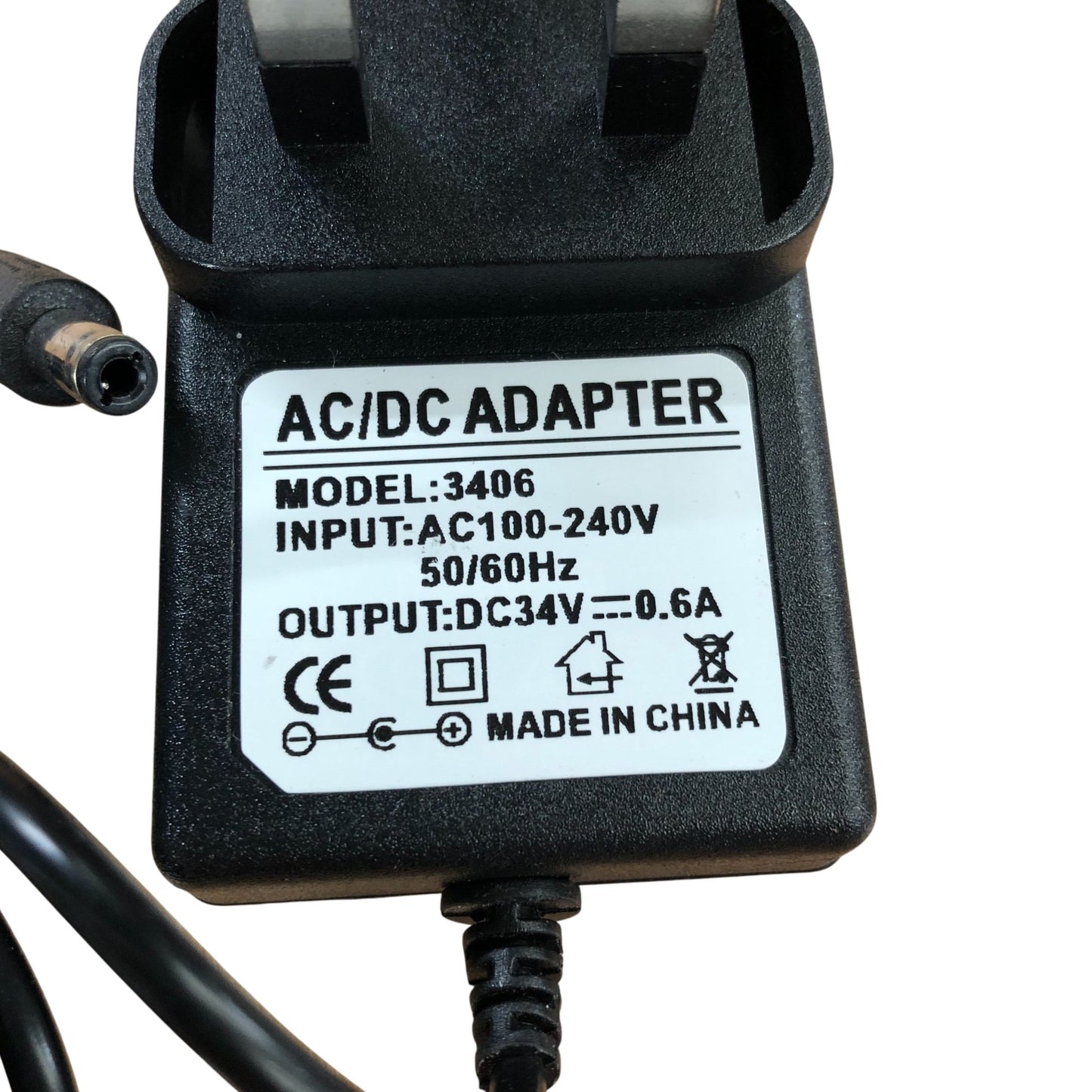 AC/DC Power Adapter Model 3406 for UK Plug 100240V Power Supply Cable