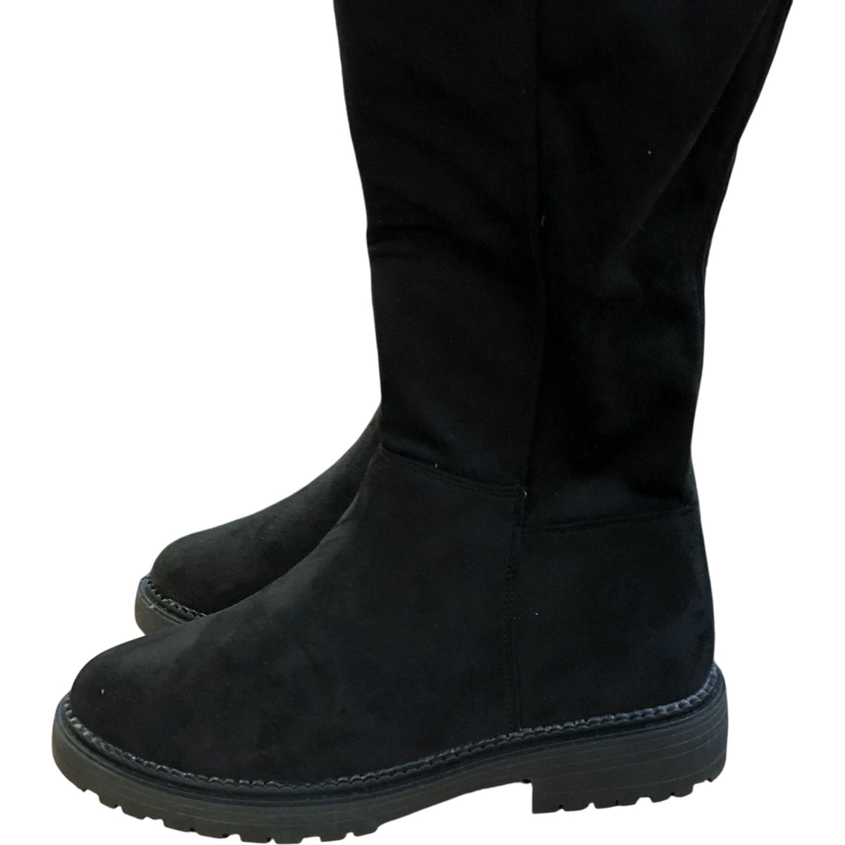 Wide Fit Knee High Boots Black Faux Suede Chunky Sole Size 6