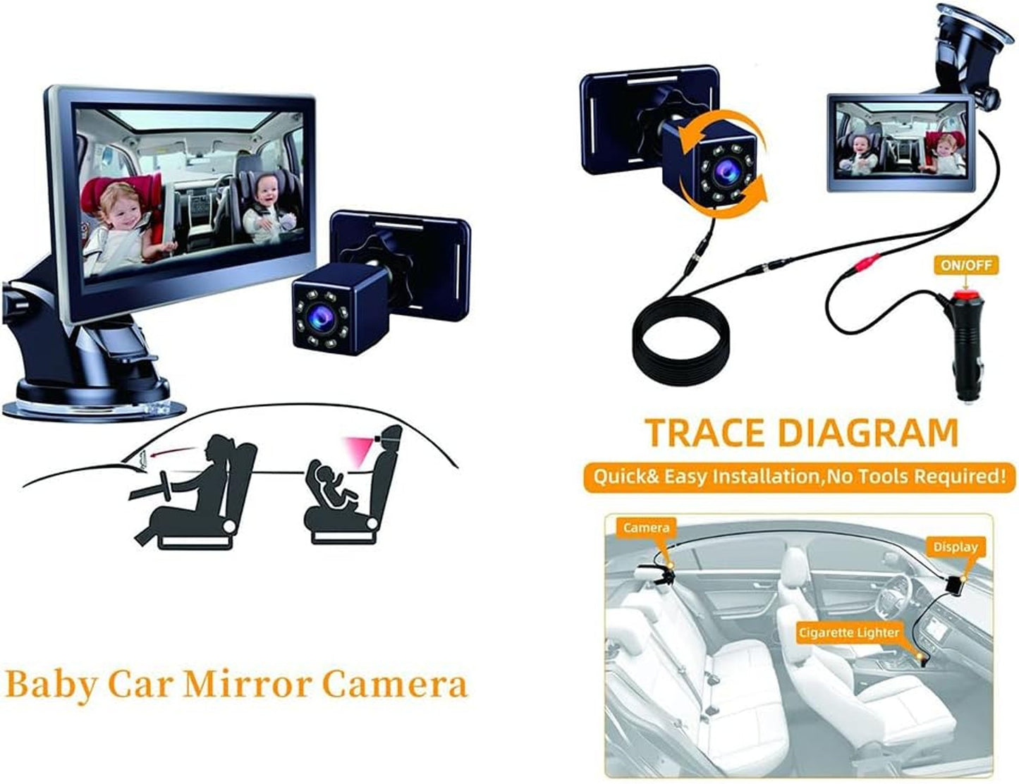 Baby Car Mirror Camera 5 Inch HD Monitor Night Vision Safety Rear View