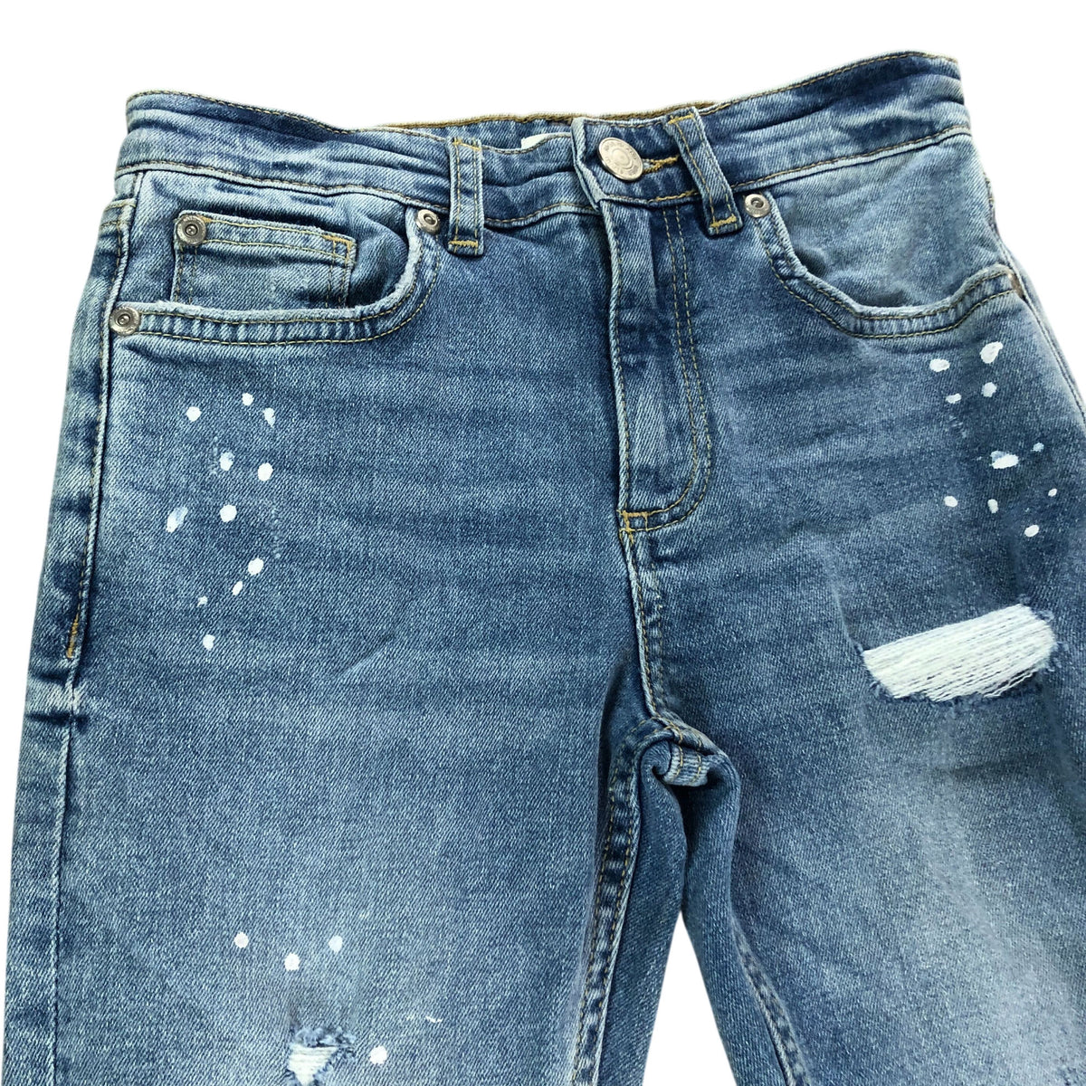 River Island Ripped Jeans UK8 Years Denim Blue Distressed Paint Splatter Look
