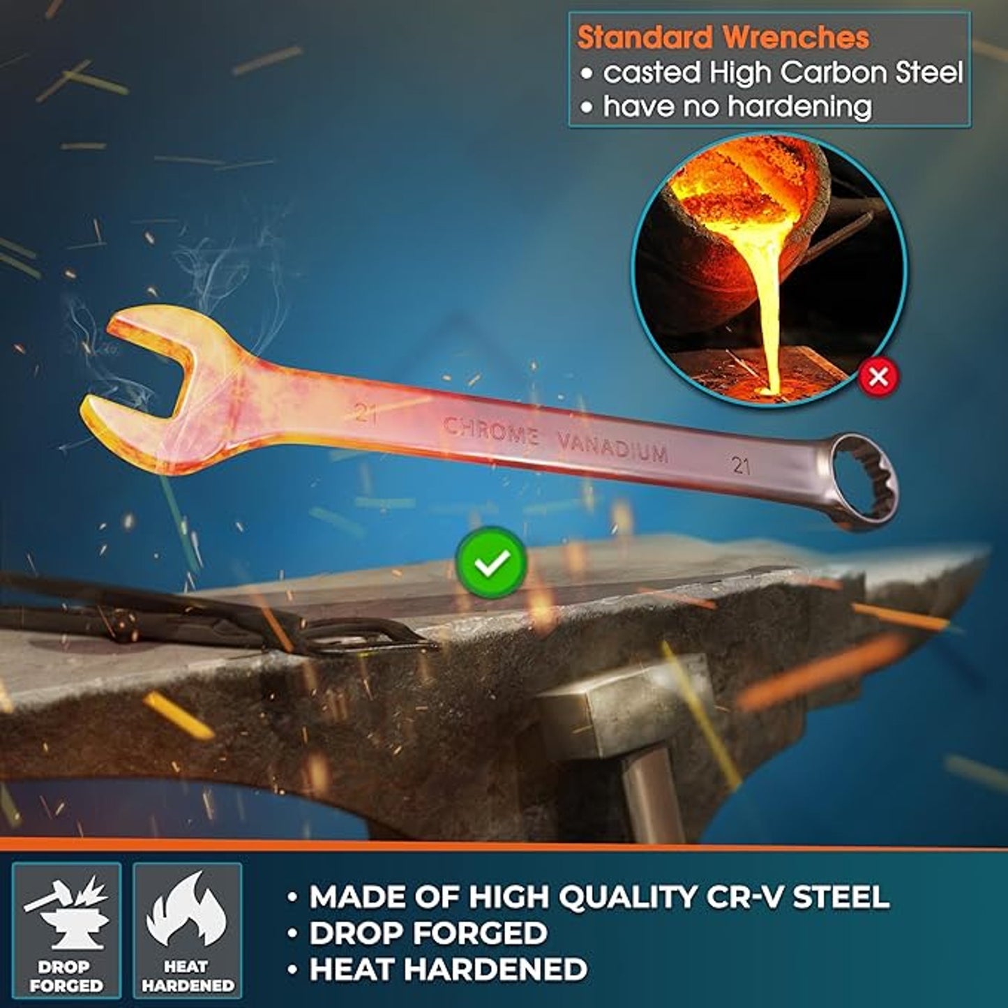 WERKFIX 15 Pcs Combination Wrenches Set CR-V Steel Heat Hardened Double Chrome