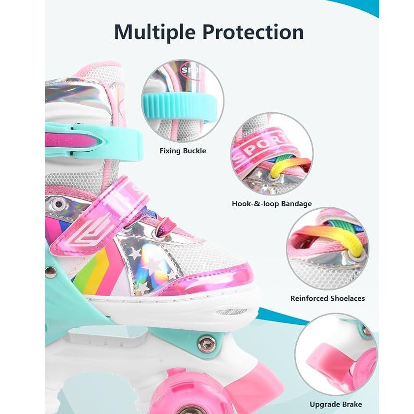 Children's Roller Skates Adjustable Size Rainbow Design Size 1-4 UK