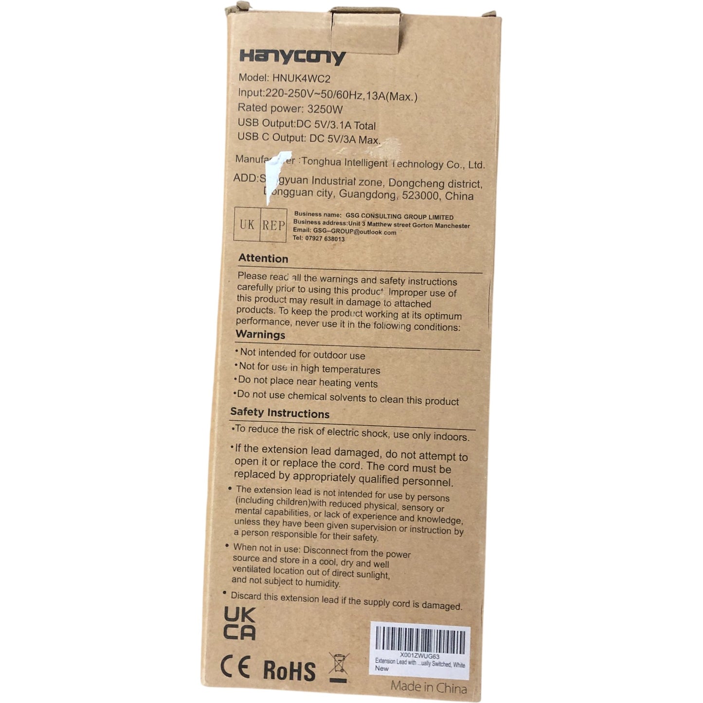 Hanycony Extension Lead HNUK4WC2 4 Socket USB Power Strip UK Plug