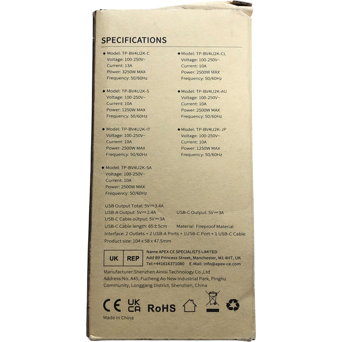 BEVA Travel Power Strip With 2AC Outlets 2USB A 1USB C Cable White