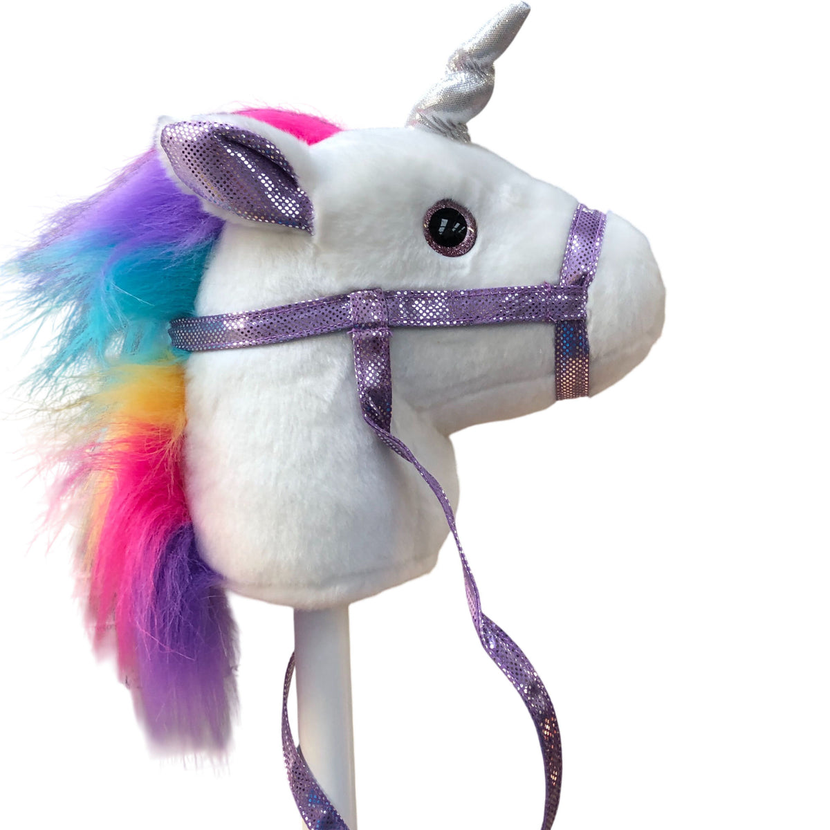 Unicorn Hobby Horse Plush Ride On Toy Rainbow Mane