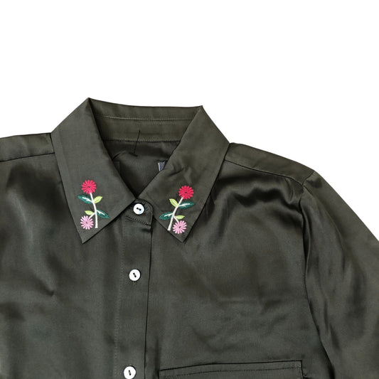 Satin Look Side Split Long Shirt Khaki Long Sleeve Embroidered Flora XS