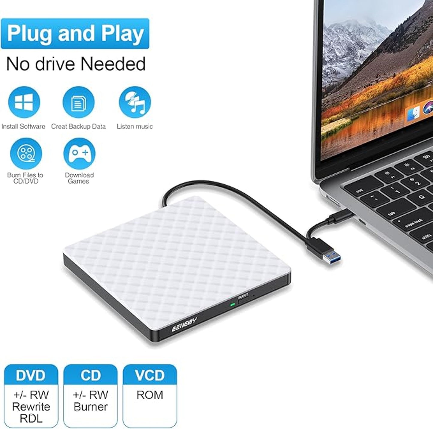 BENEWY external CD/DVD Drive, model SY879 WHITE