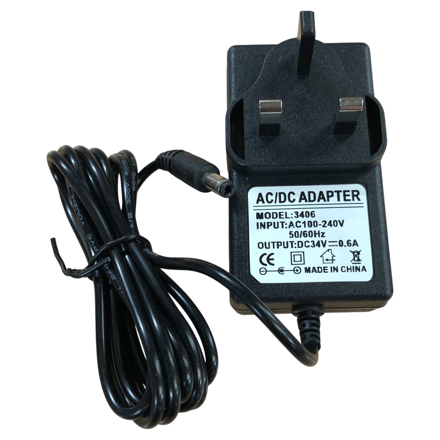 AC/DC Power Adapter Model 3406 for UK Plug 100240V Power Supply Cable