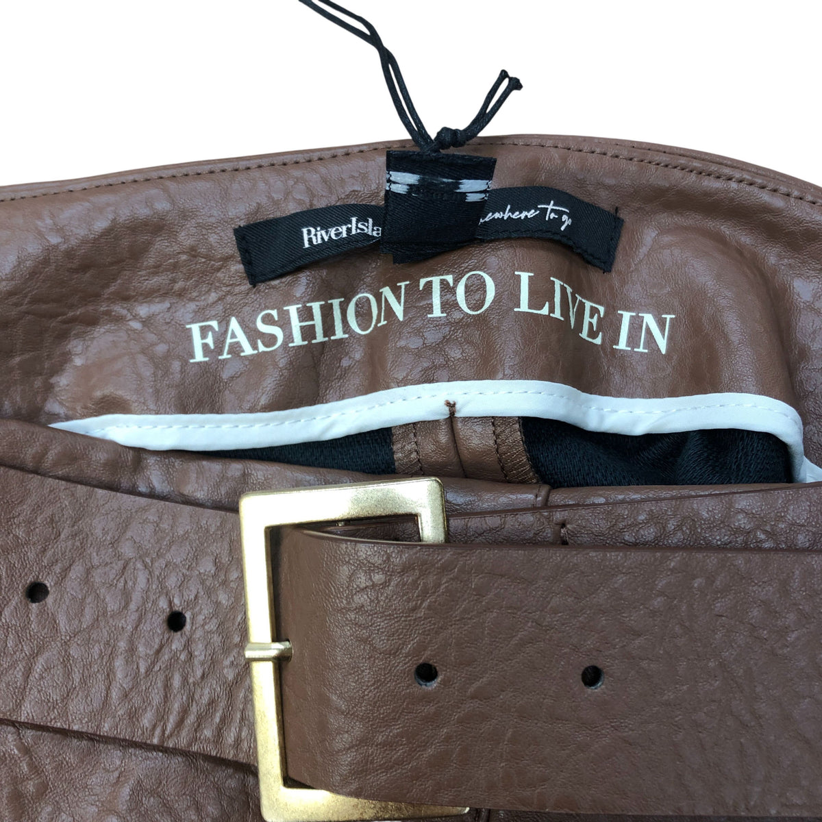 River Island Brown Belted Mini Skirt UK12 Women's Leather Look A-Line