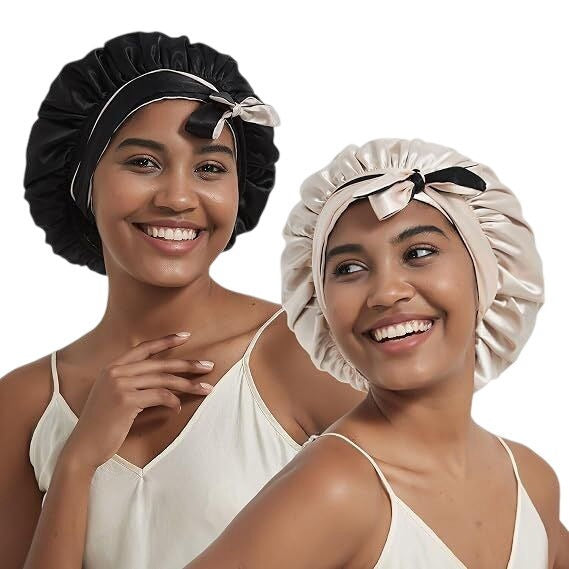 Hat Hut Satin Sleeping Bonnet Curly Hair Double Layer Reversible Champagne/Black