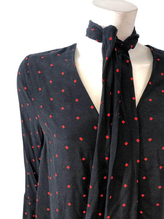 Women's Blouse UK12 Black Red Polka Dot V Neck Tie Sleeve Top