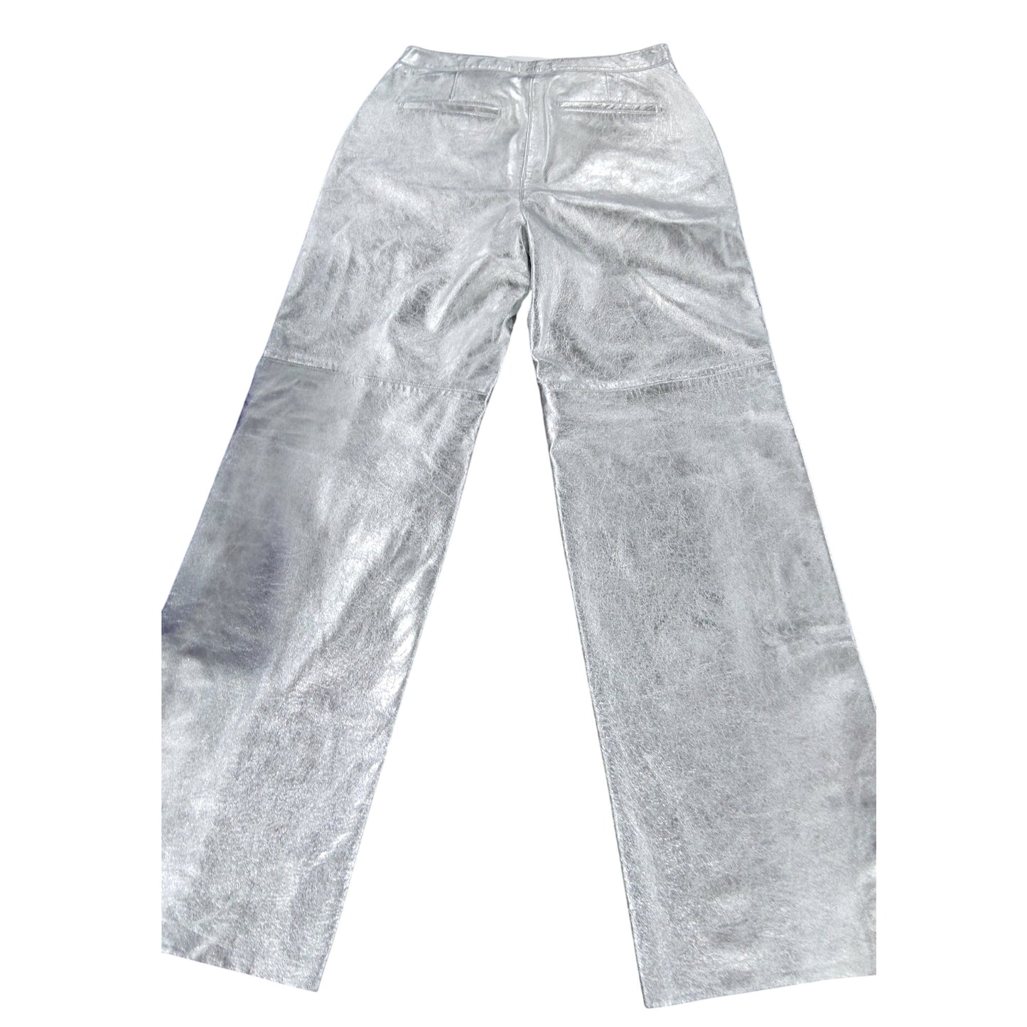 Branded Silver Leather Trousers UK12 Women's Stylish Casual Wide Leg