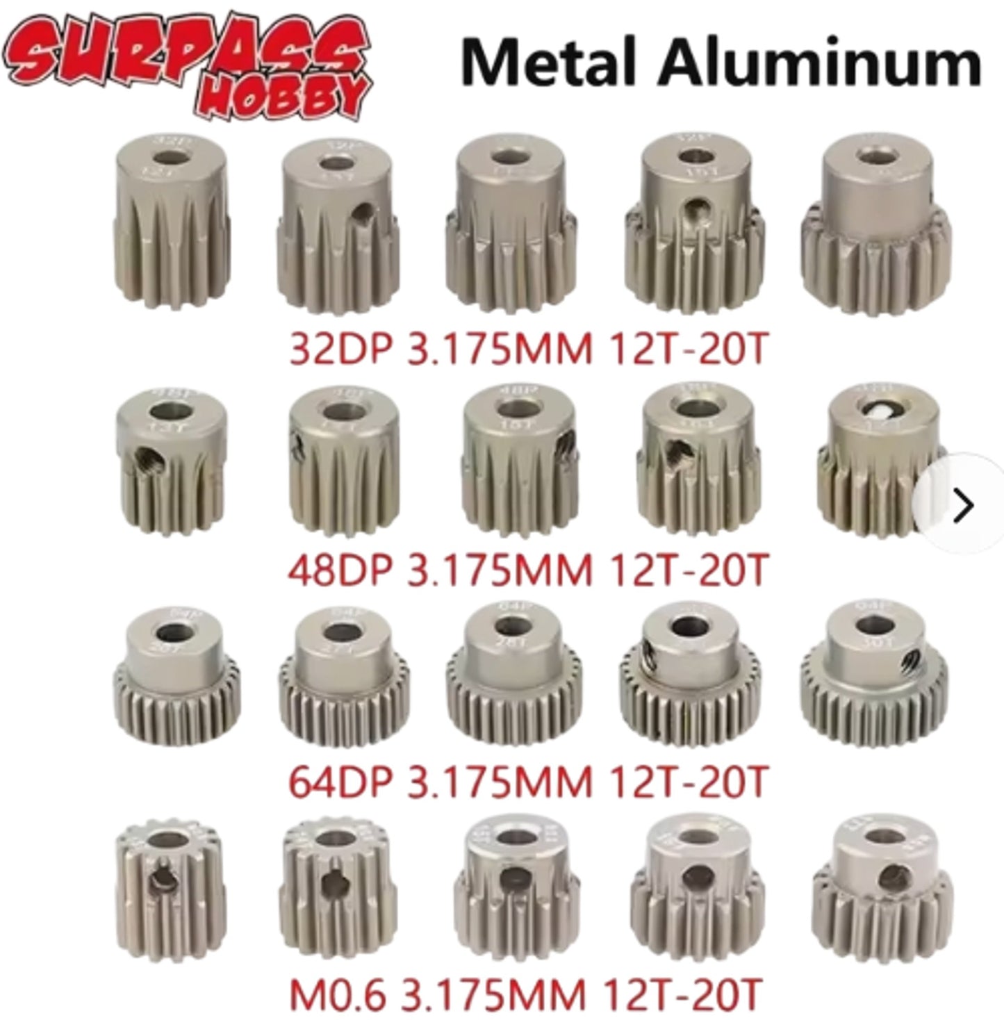 SURPASS Hobby Metal Aluminum Pinion Gears 64DP 3.175MM 12T-50T
