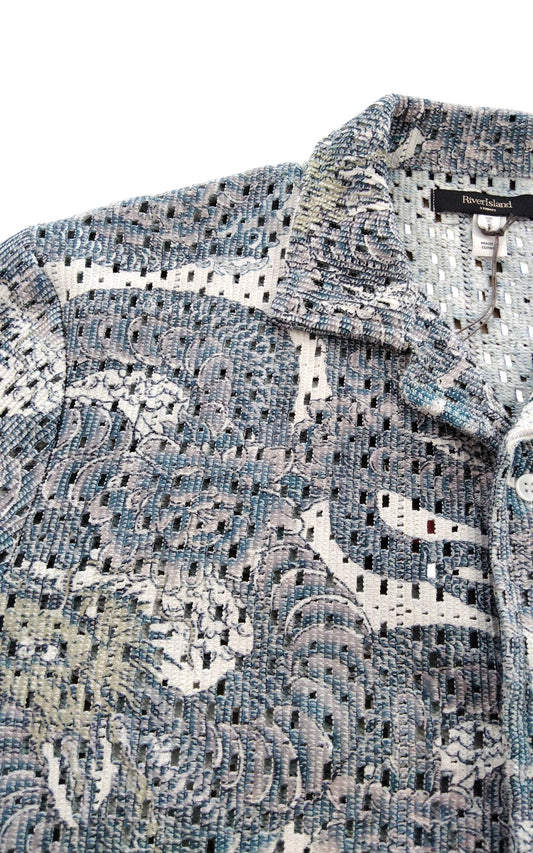 River Island Short Sleeve Shirt UKS Men's Blue Patterned Casual Top