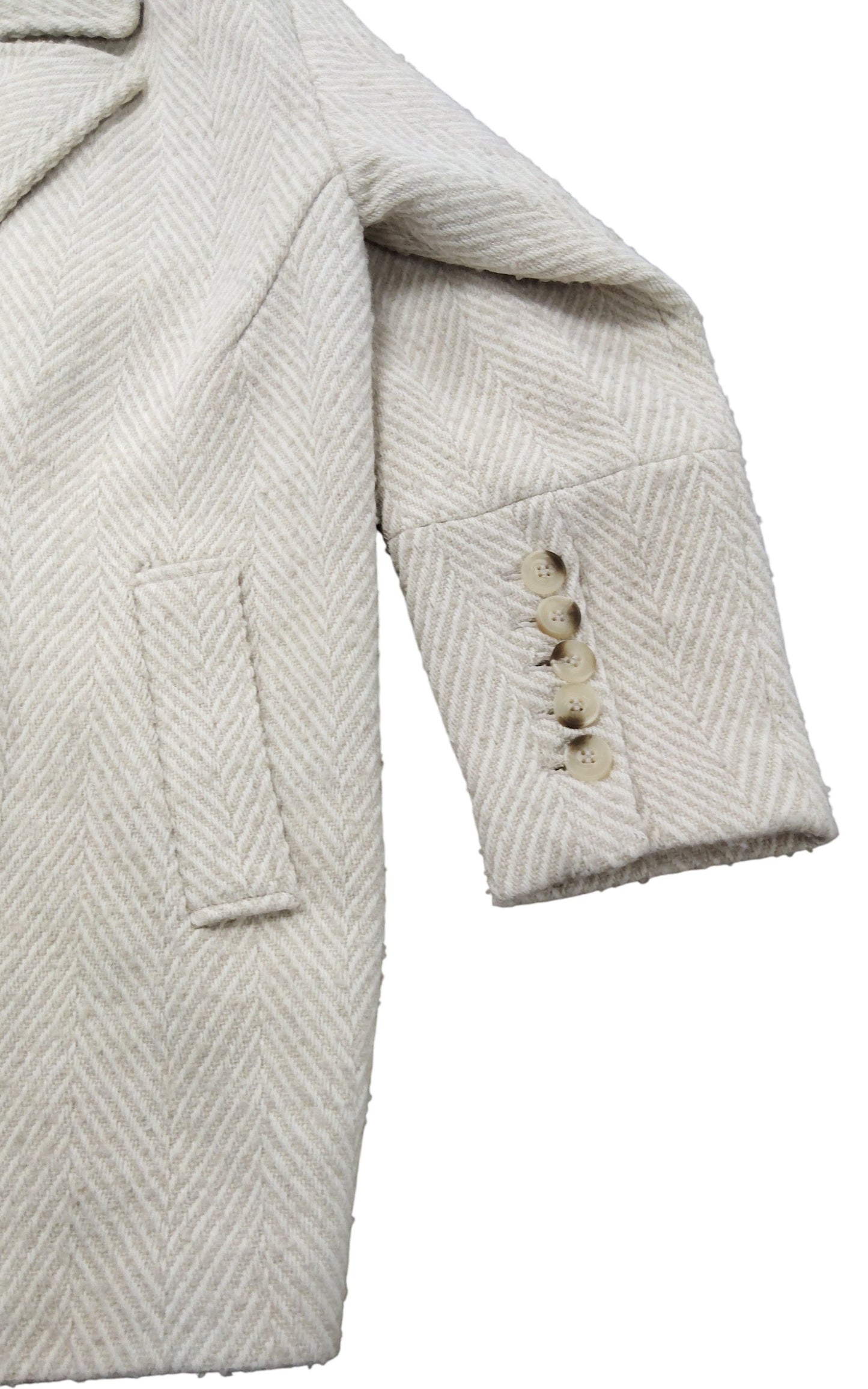 Women's Herringbone Coat Beigey White Single Breasted Size M