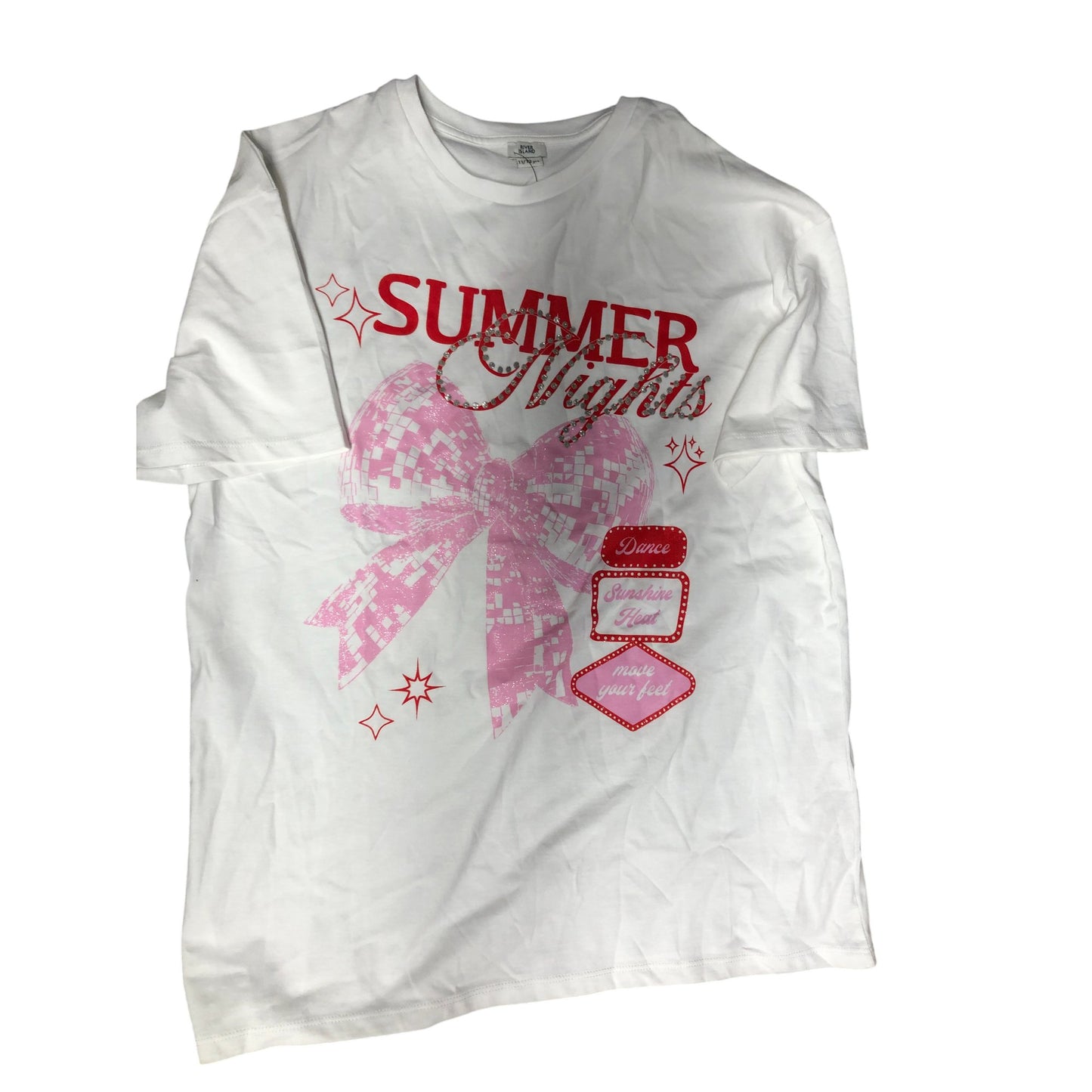Summer Nights T-Shirt UK11-12 Casual White Cotton Pink Bow Graphic Tee