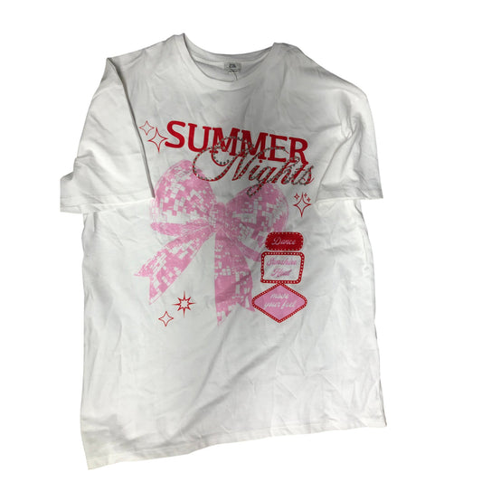 Summer Nights T-Shirt UK11-12 Casual White Cotton Pink Bow Graphic Tee