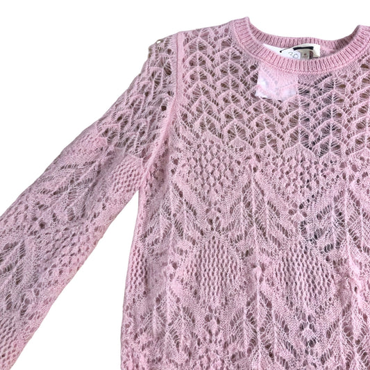 Knit Sweater UK Medium Women's Pink Lace Finish Cropped Sleeve Jumper
