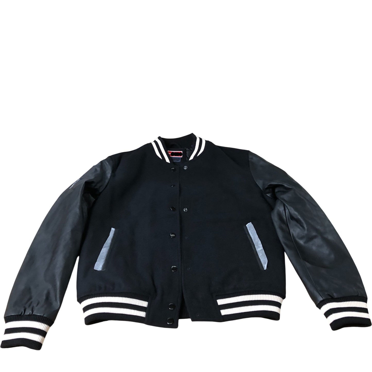Branded Varsity Jacket Black Leather Look Sleeves Style Casual UK16