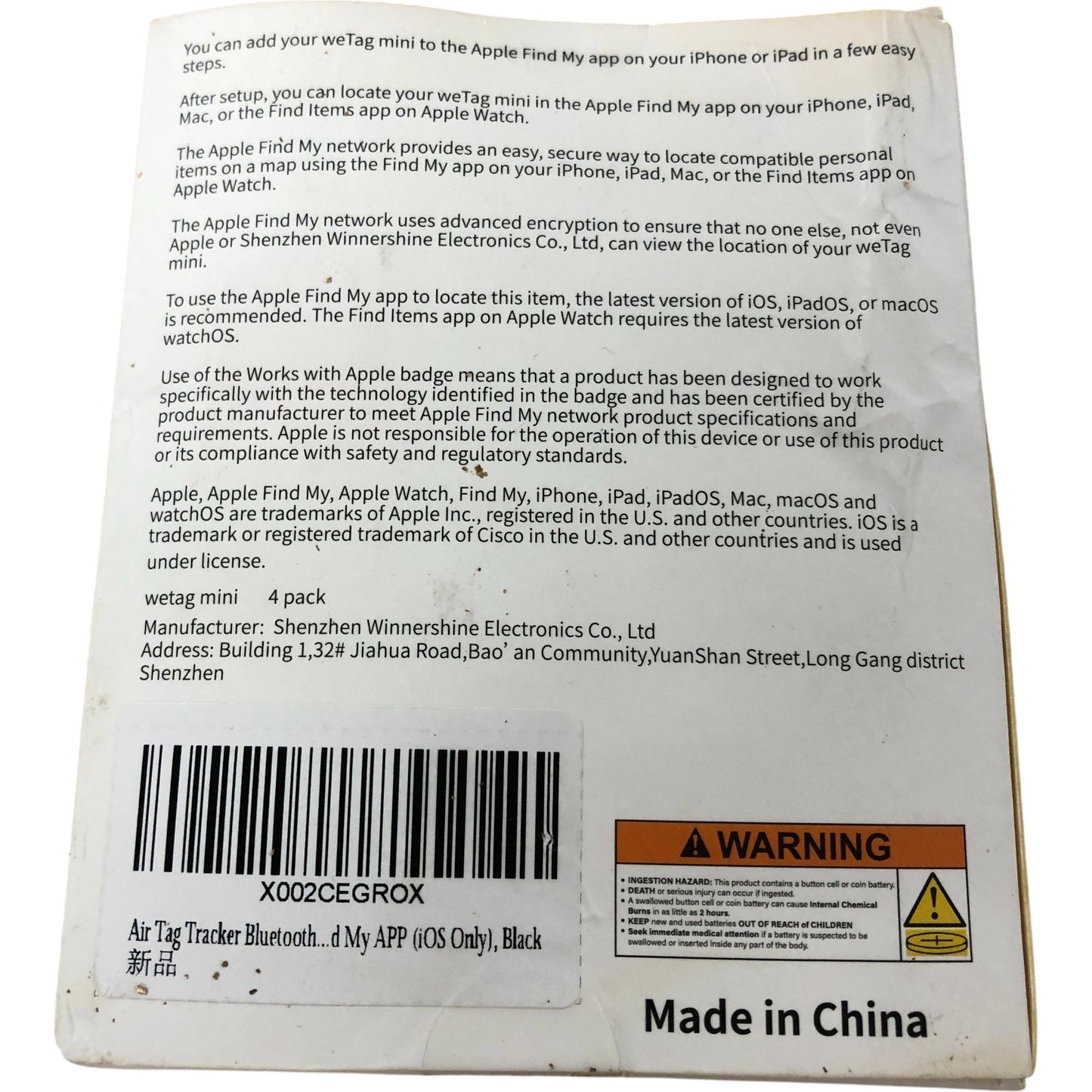 weTag Mini Bluetooth Tracker 4 Pack Compatible With Apple Find My App Black