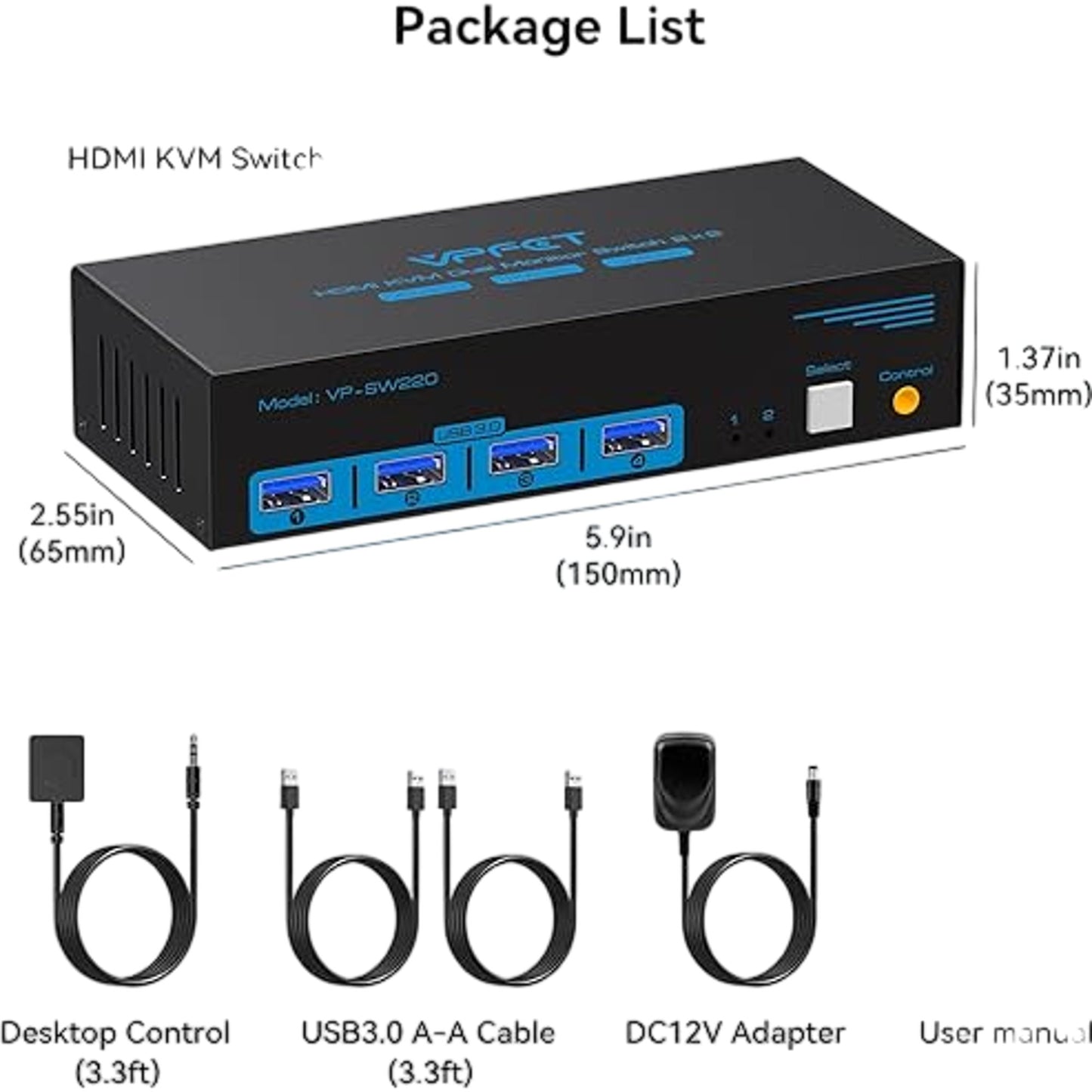 VPFET HDMI KVM Dual Monitor Switch Model VP-SW220 USB 3.0 2 Port Splitter