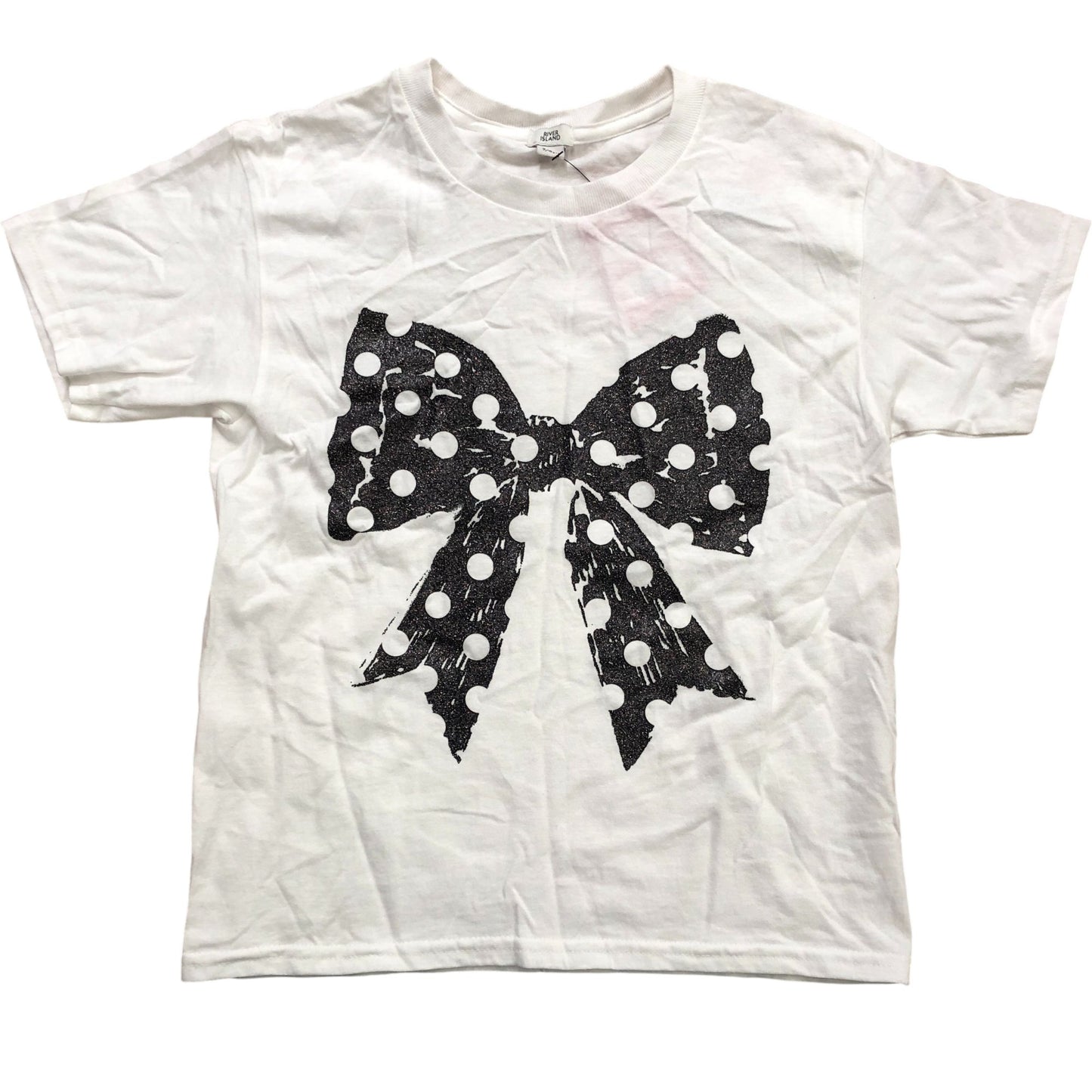 River Island Girls T-Shirt 7-8 Years White Polka Dot Bow Design Short Sleeve Top