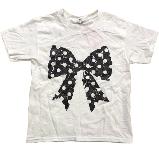 River Island Girls T-Shirt 7-8 Years White Polka Dot Bow Design Short Sleeve Top