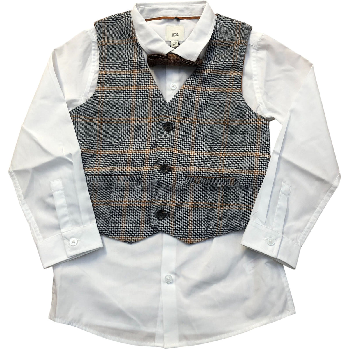 River Island Kids Four Piece Grey Check Suit - Shirt Trousers Waistcoat Bow Tie