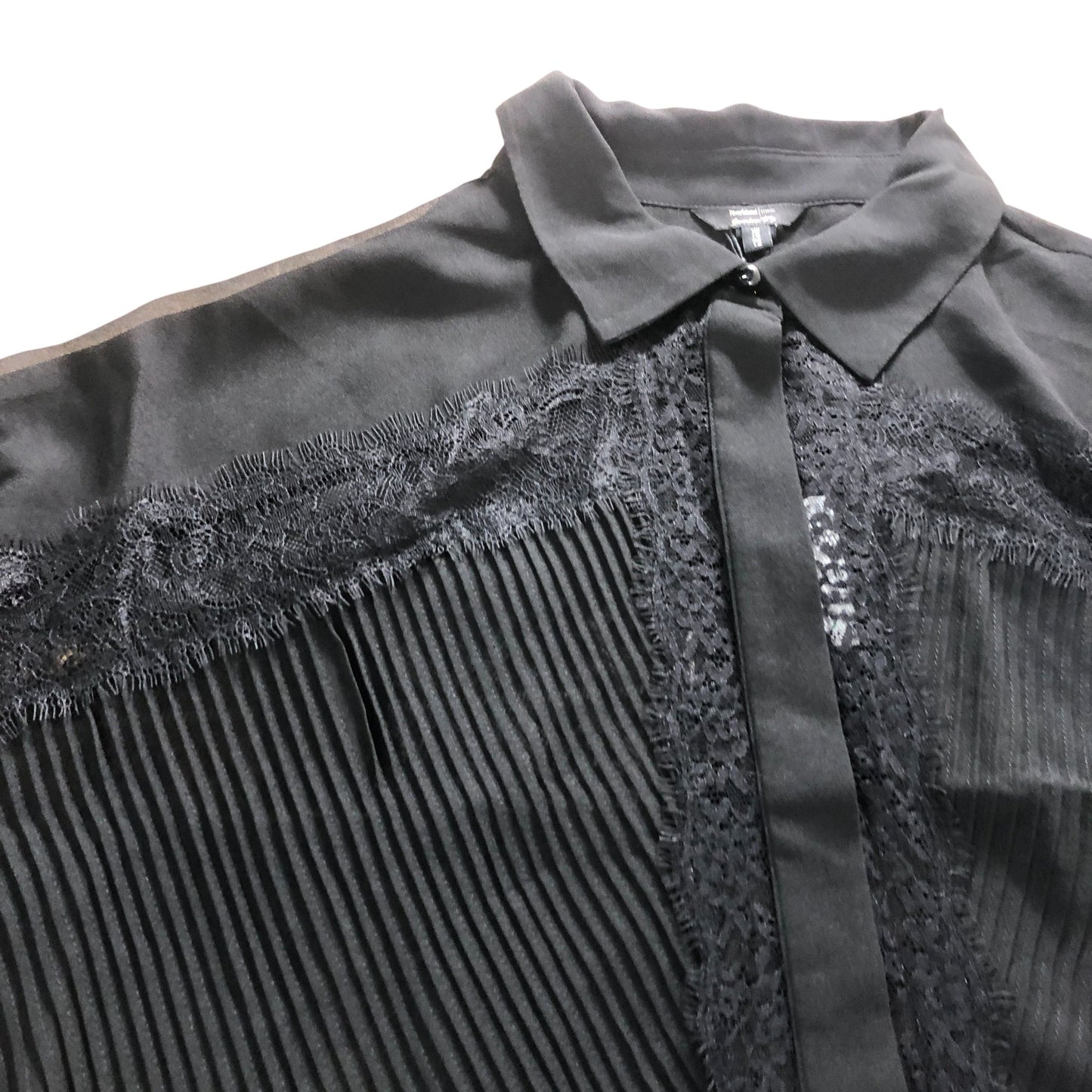 River Island UK16 Women's Black Lace Sheer Pleated Detail Blouse Long Sleeve